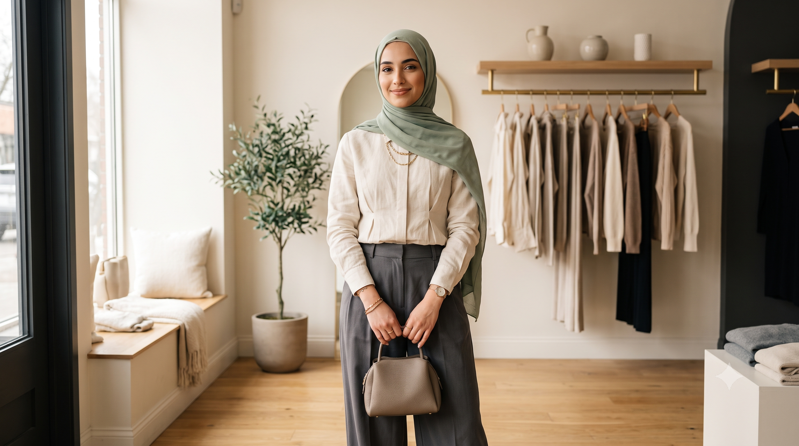 Femme portant un hijab sauge dans une boutique lumineuse