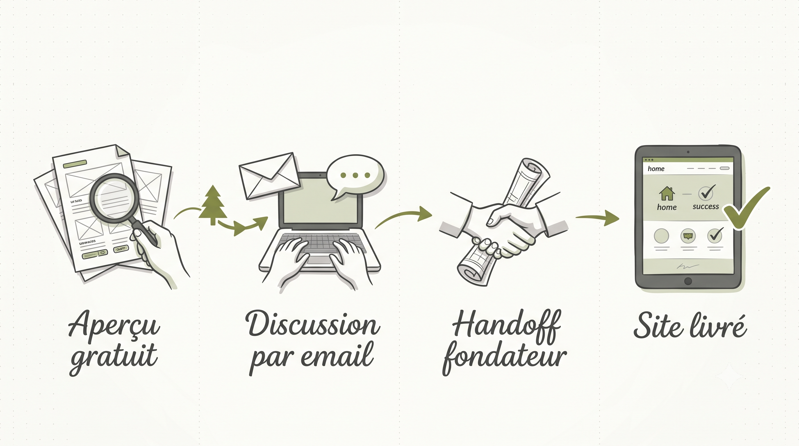 Process JLR: apercu gratuit, discussion par email, validation, site livre